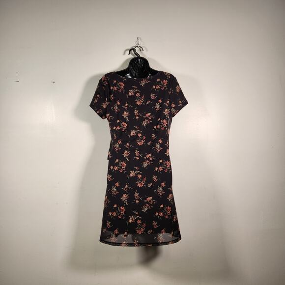 SO SS Knit Faux Wrap Mini Dress Junior M Black Orange Floral Bow Mesh Whimsigoth - Picture 3 of 12